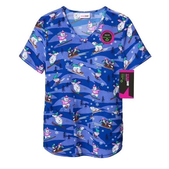 Nwt Scrubstar Women Christmas Winter Chillin’ V-Neck Print Scrub Top - Picture 1 of 7